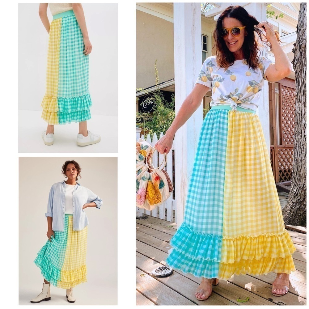 NWT Eva Franco Lynsey Gingham Colors Maxi Skirt S​​​​​​​